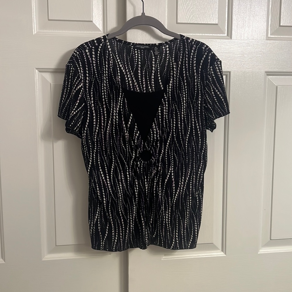 U79- Notations Black Layered Short Sleeve Blouse Shirt Top Size Petite Large